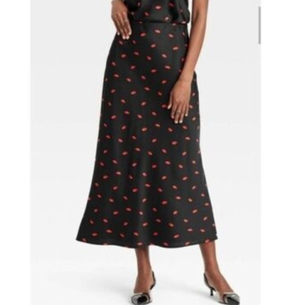 A New Day Lips Print Midi Pencil  Skirt Sateen Black Sz M